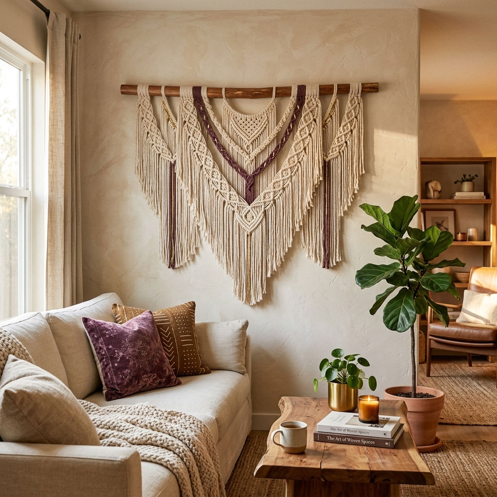 Exquisite minimalist macramé art decor displayed on wall